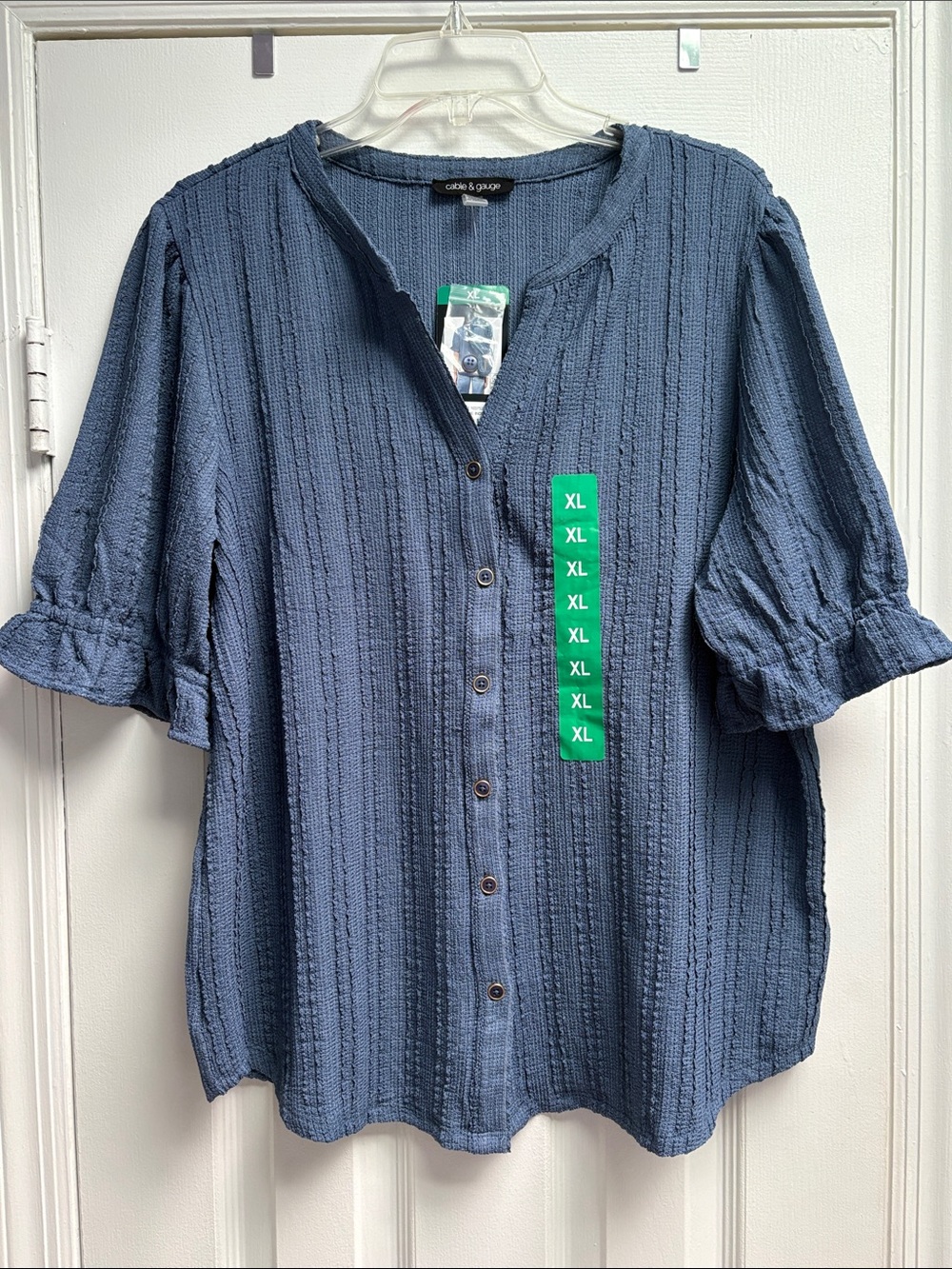NWT Cable & Gauge Vintage Indigo Navy Blue Textured Button-Front Blouse Size XL!